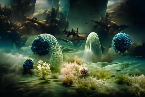 Cinematic fantasy landscape underwater, with protozoic lifeforms - AI ...