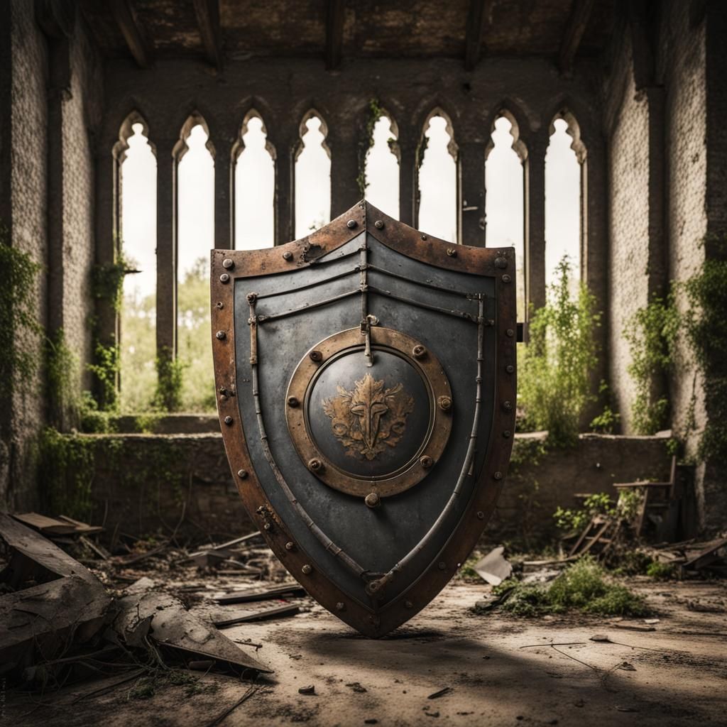 Old dusty Medieval shield in the center of the picture, abandoned location, plants and dirty everywhere ...  by @MrsRockNRoll