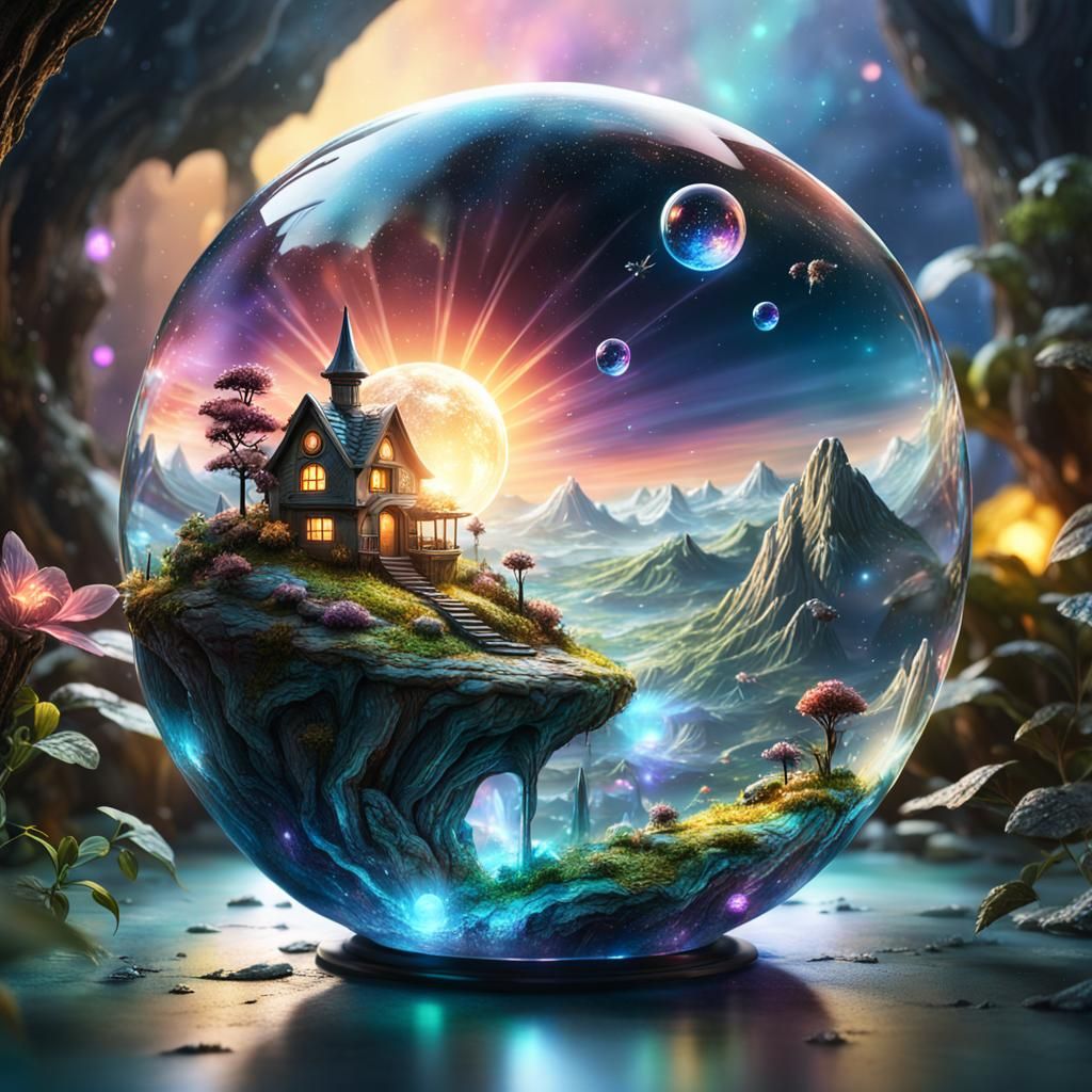 Glass orb with a fairy homeworld fantasy landscape in it.  s...