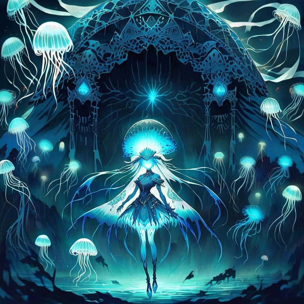veiled hat+Face hidden and glowing eyes(jellyfish based char...