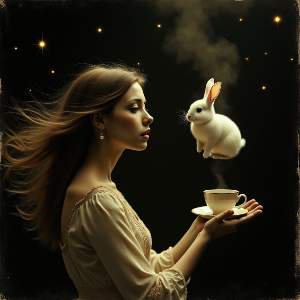 <lora:Sureally:1.0> In a vintage photograph with a surreal twist, a woman with flowing hair reaches out towards a floating white rabbit that...