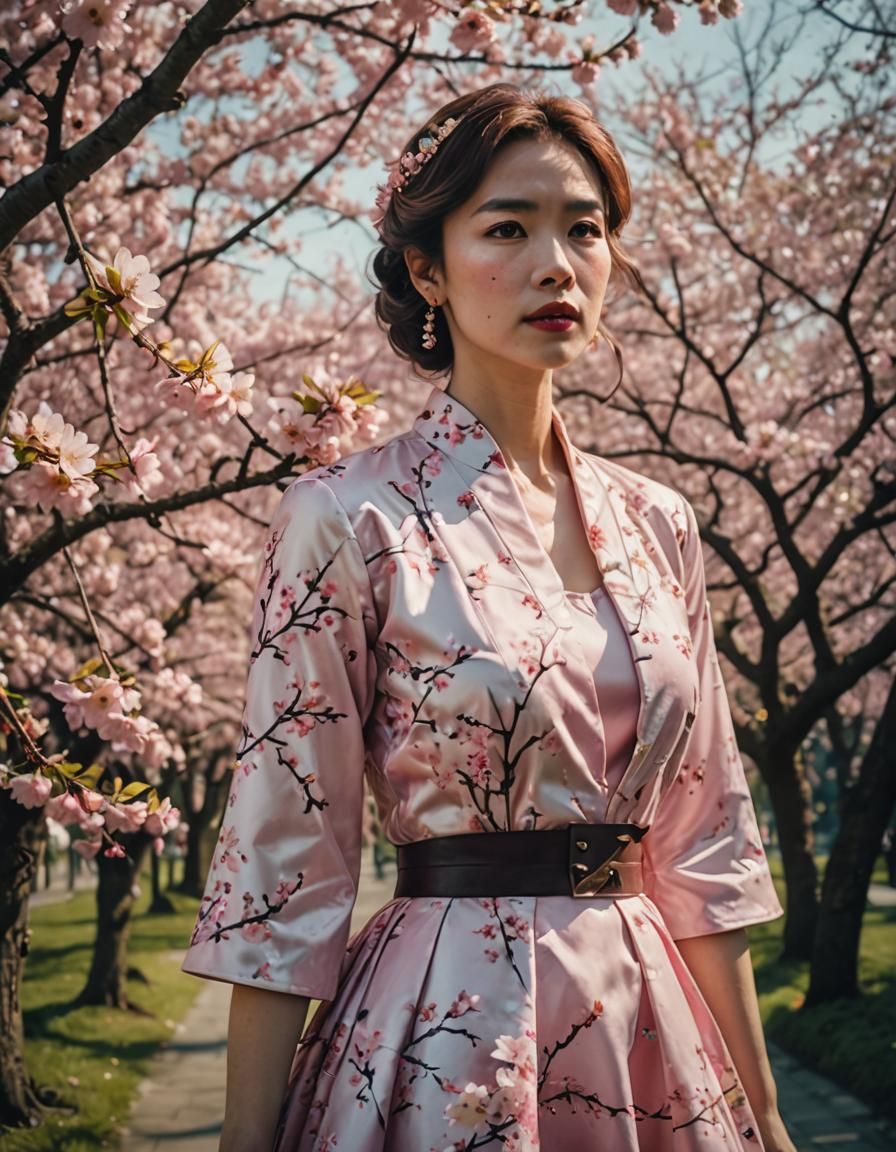 woman wearing a pink pastel floral dress with cherry blossom...