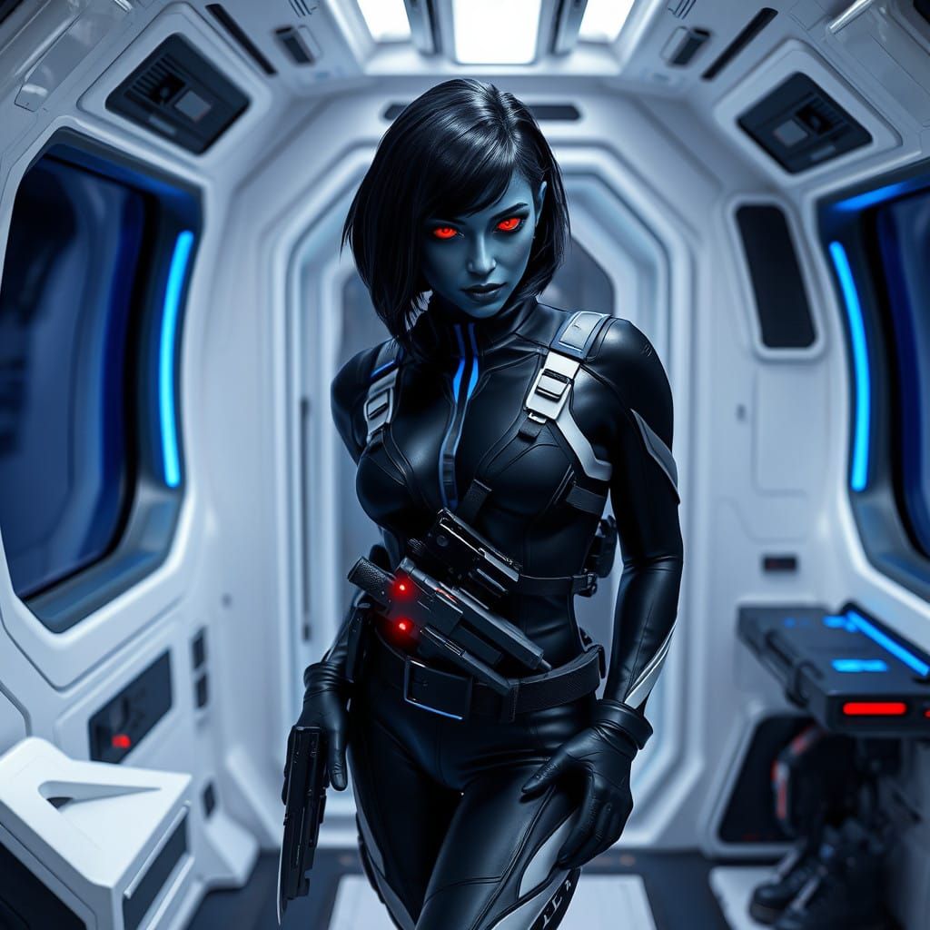 A dark blue-skinned woman. Where there would be eyes, there are instead only deep pools of solid crimson, glowing softly...