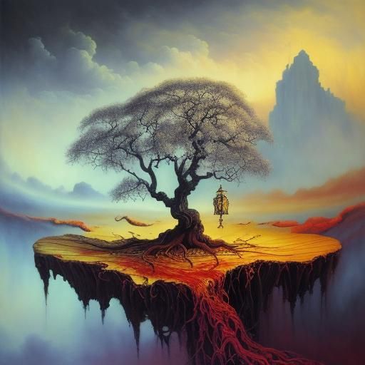 Surreal Plum Tree in Oil Painting Style