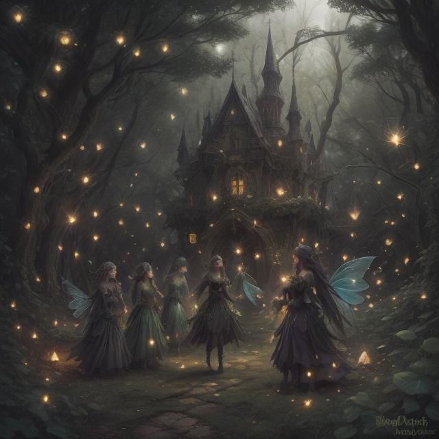 Shadow cloaked spritely fairies huddled around a glowing melon in a dark sinister forest glade effervescent fireflies <lora:Faetalmora:1.0> 