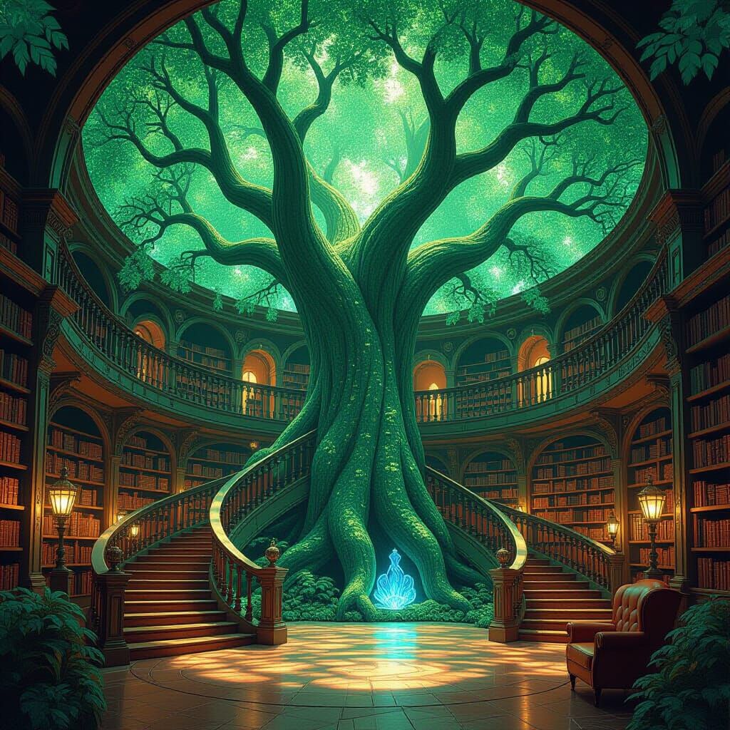 Inside a colossal, bioluminescent tree, a hidden library is filled with ancient tomes and glowing flora, ...  by @Yossi Cohen