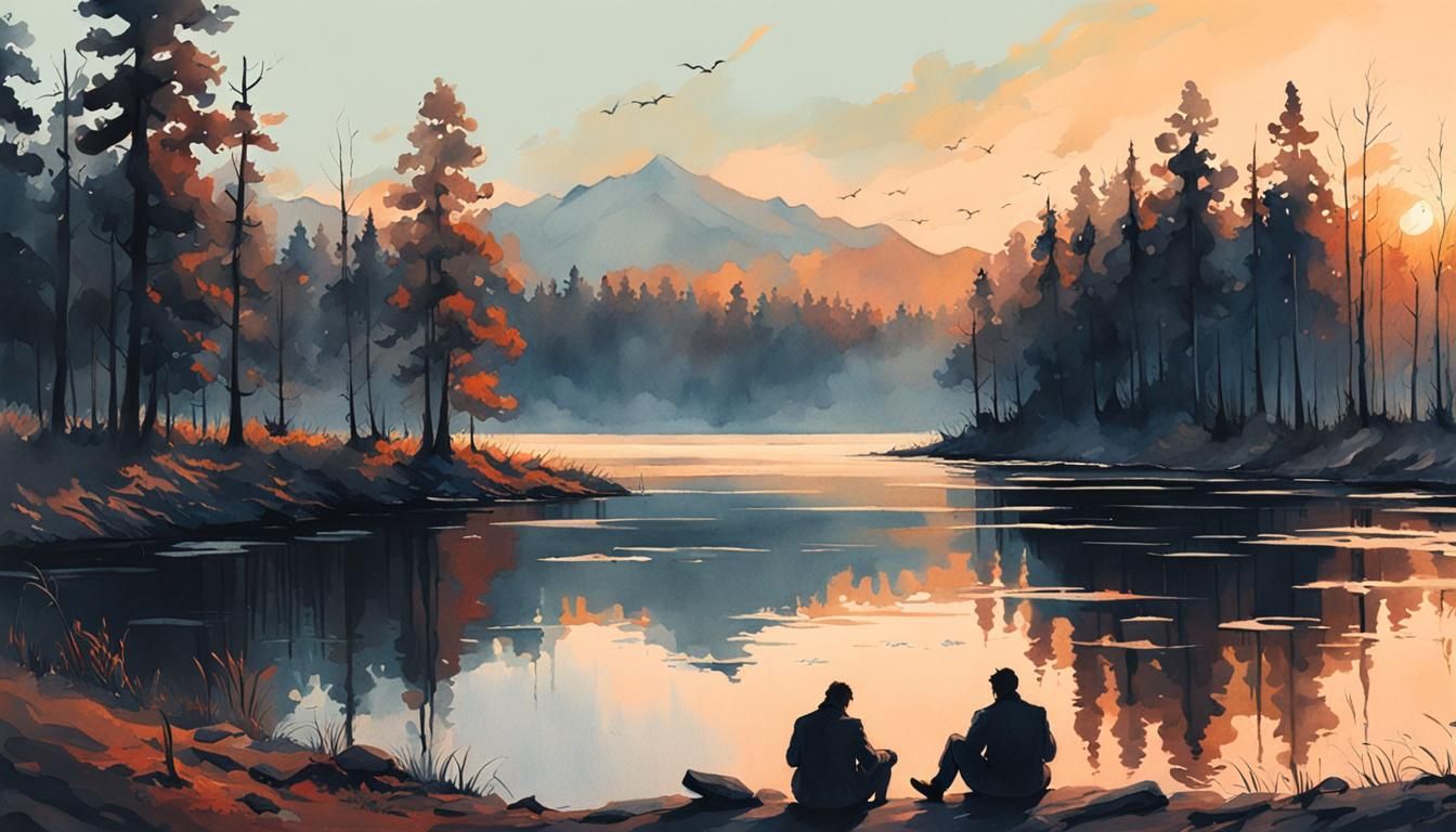 Men by Lake at Sunrise: Watercolor Painting
