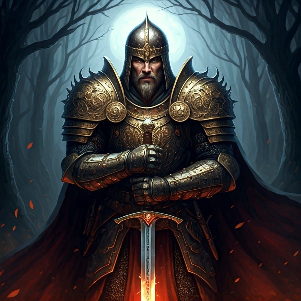 Mystical Warrior in Moonlit Forest