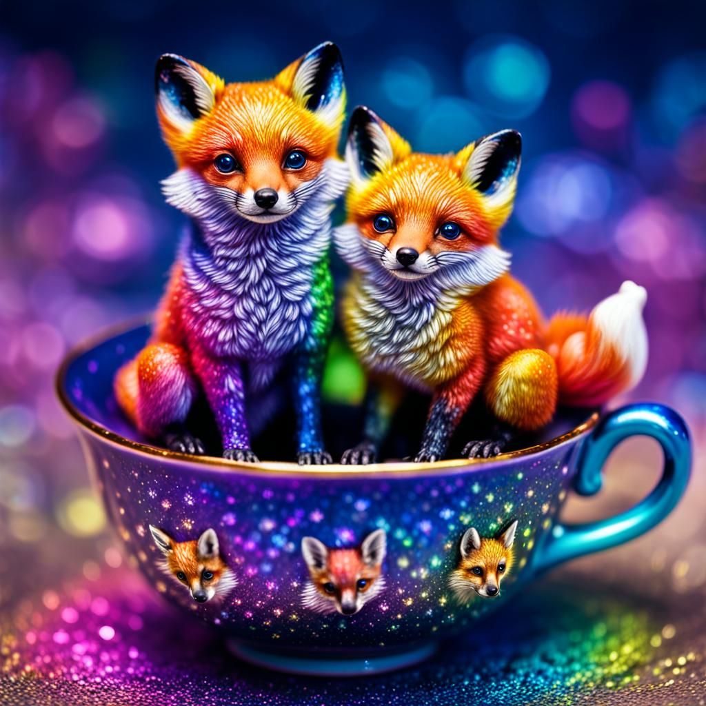 glitter rainbow miniature foxes in a teacup