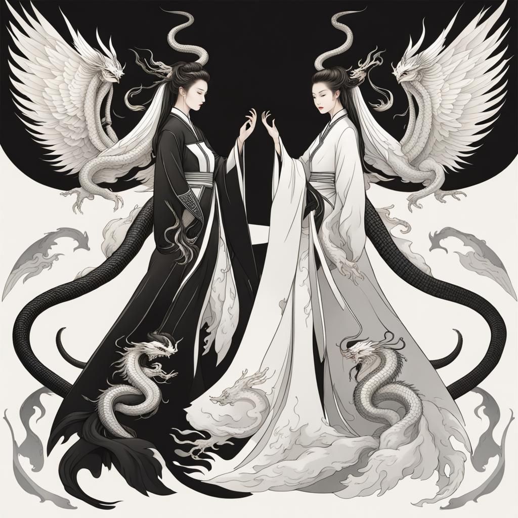 on a blue backgrond ying and yang angels wearing black and w...