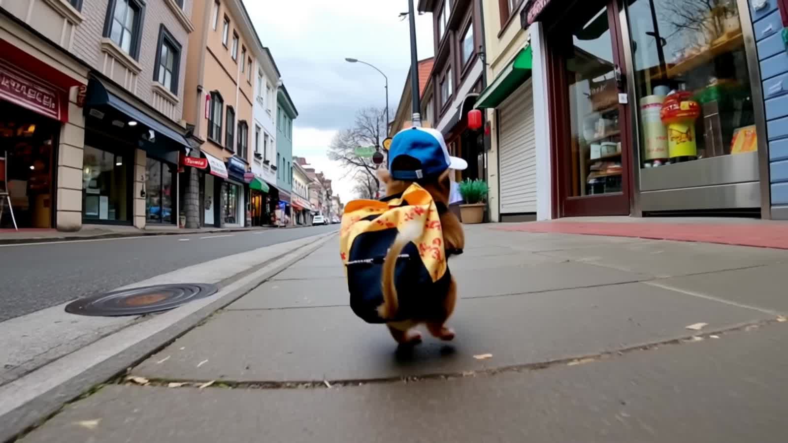 a cute little mouse with a baseball cap and a rucksack with a piece of cheese sticking out of it skips merrily along a s...