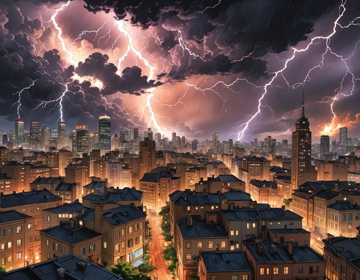 Wind tornado, lightnings and fire all over the city.