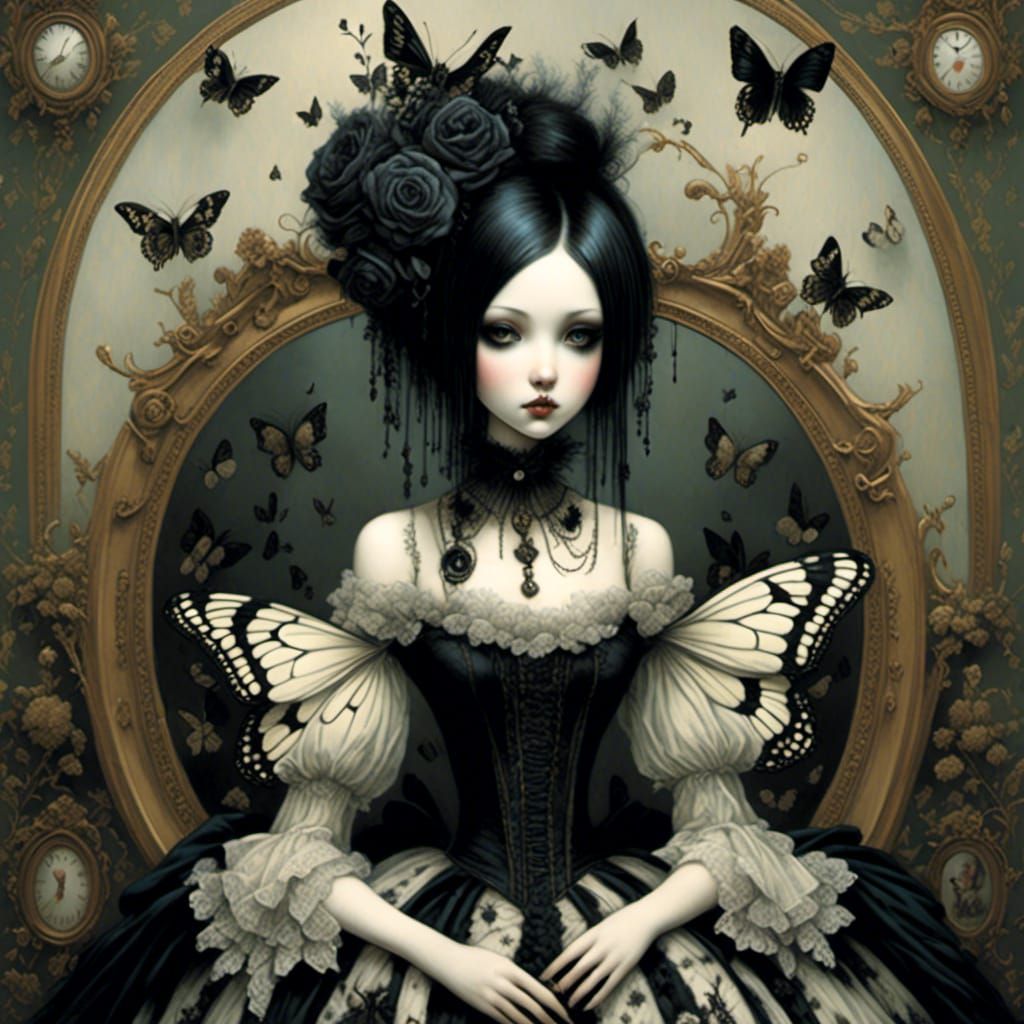 Goth Punk Girl in Victorian Butterfly Bedroom
