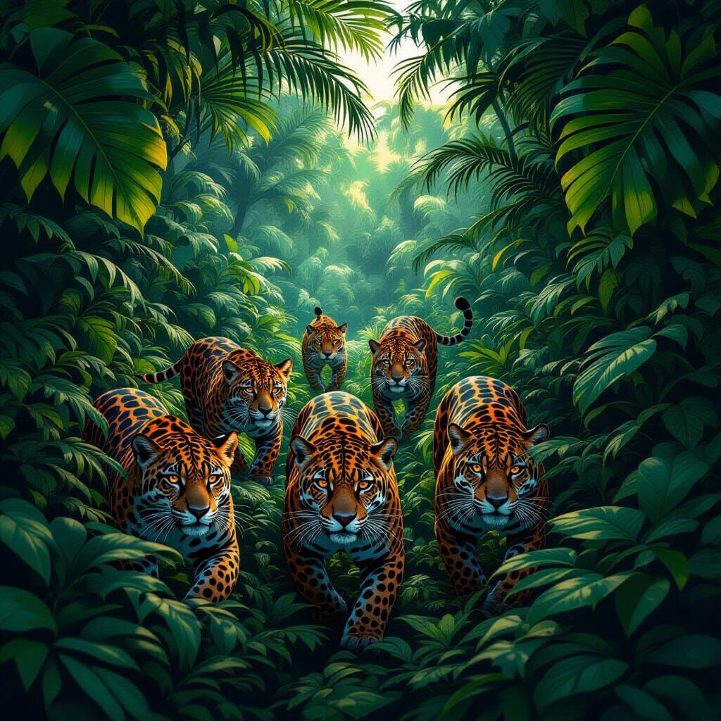 Photorealistic Jaguars in Vibrant Jungle at Twilight