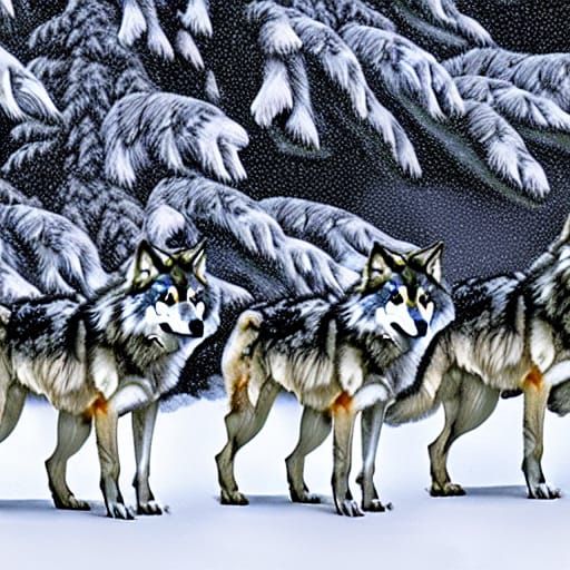 Pack of wolves in a snowy forest