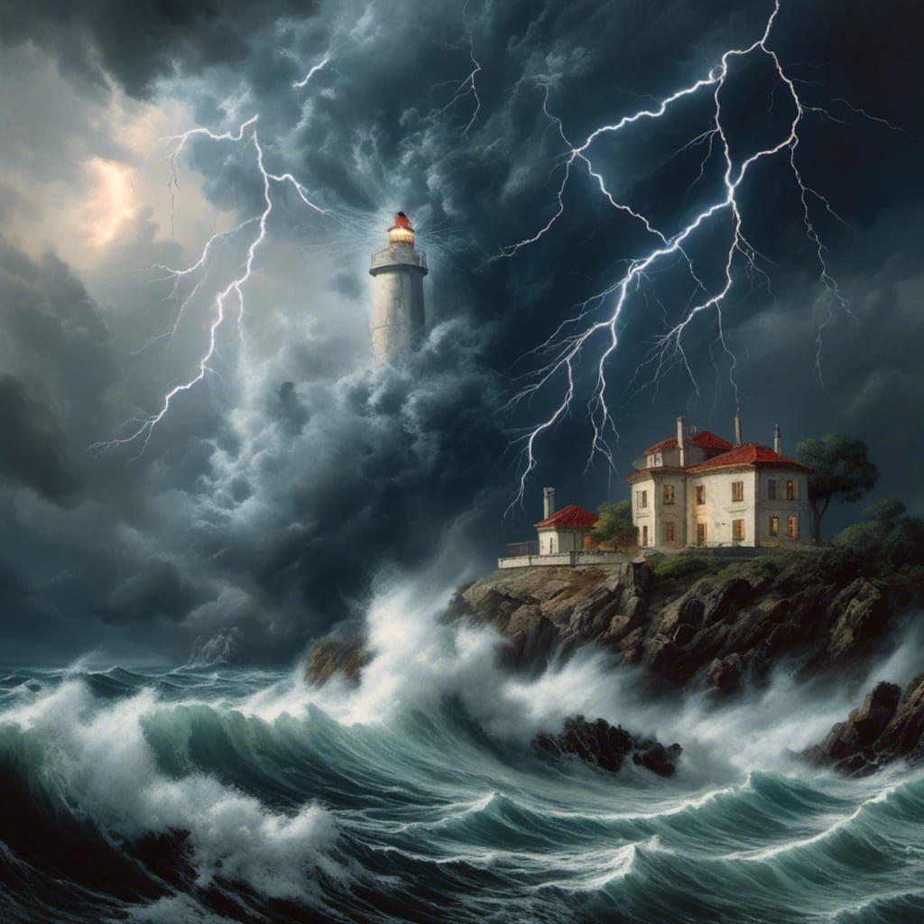 <lora:Raio:1.0> An incredible image of a thunderstorm over a lighthouse, digital art, lightning, intense, thunderbolts, dynamic masterpiece,...
