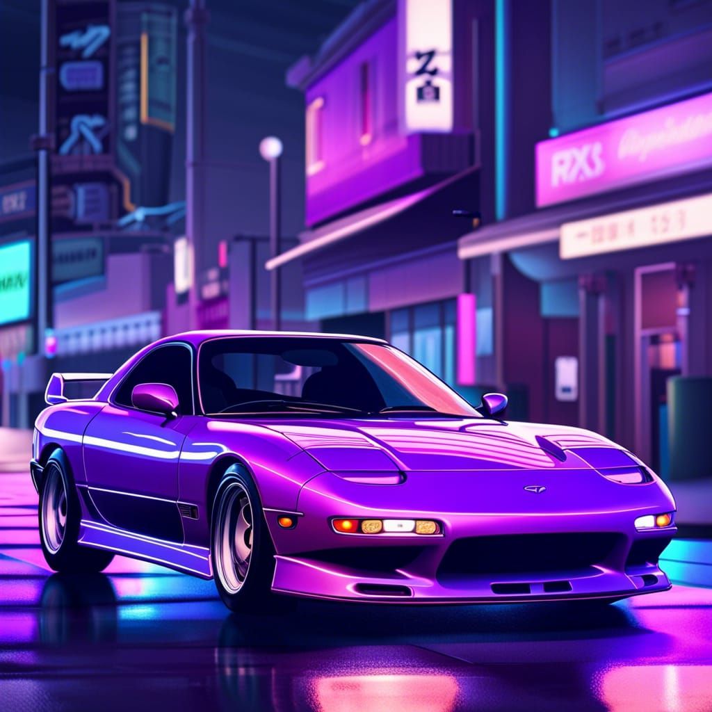 a light purple Mazda RX7, parked in a city street, at night, neon ...