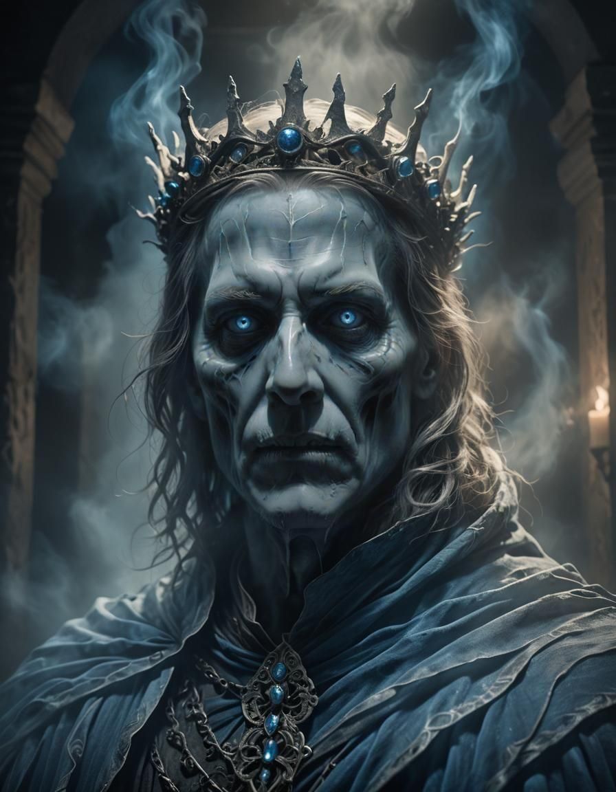 A hauntingly realistic ghost portrait, a translucid portrait of the King of the Dead from Lord of the Rings, capturing their spectral essenc...