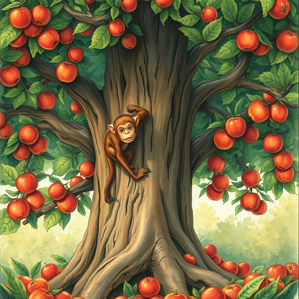 Monkey Climbs a Giant Apple Tree, Miyazaki Style