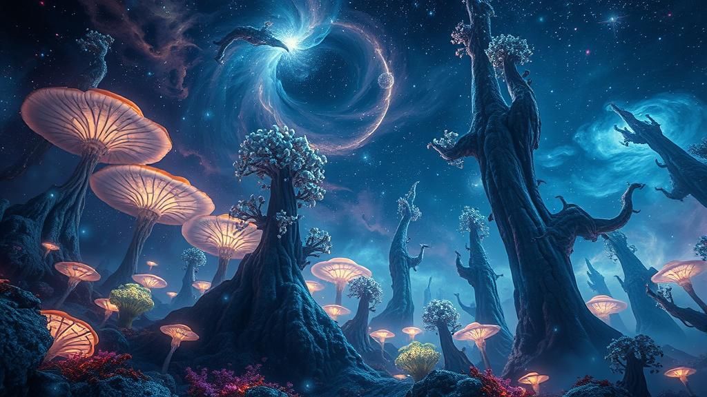 a cosmic forest with swirling nebulae and stars