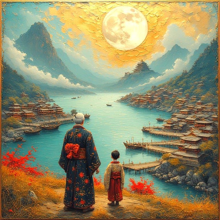 Grandfather and grandson watching the moon rise