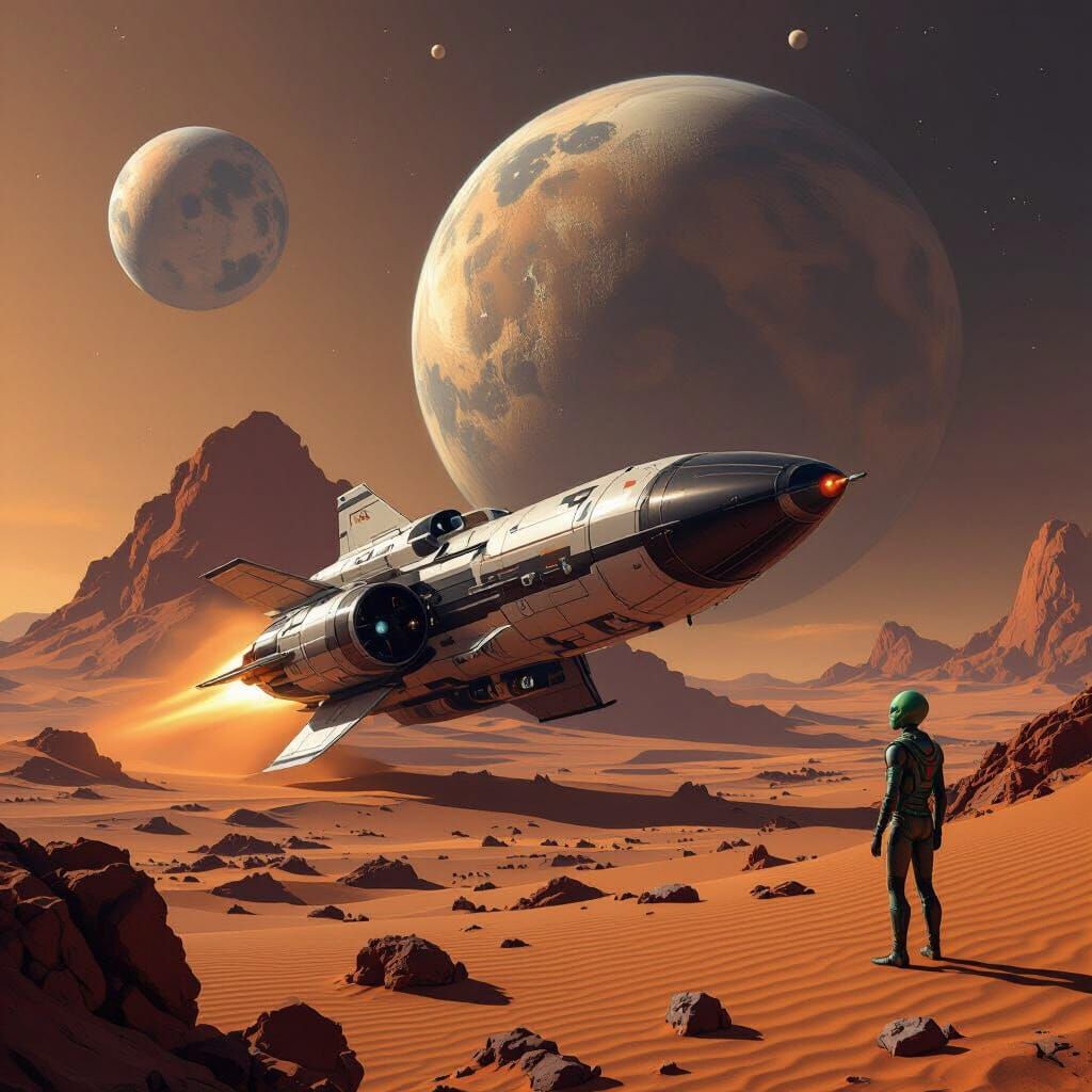 a desert planet, three moons, a  scfi 
 style rocket on the surface . An alien looks on.