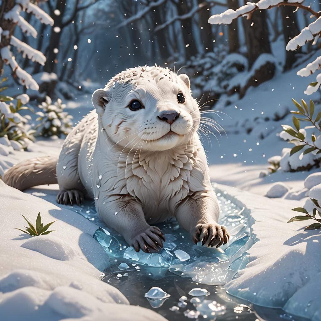 playful white otter   by @Tiny Pearl Cat