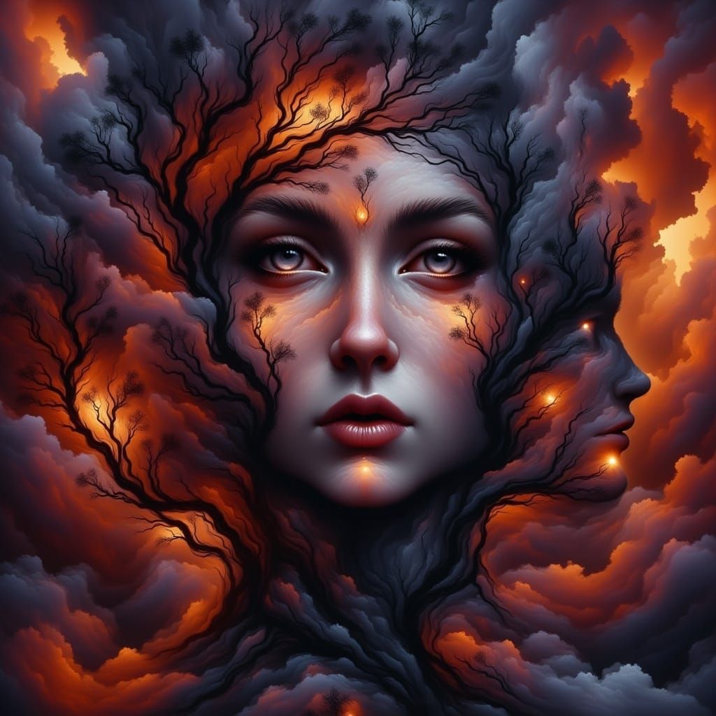 Starry storm (finely detailed filigree damask), woman in dress looking over shoulder with gray eyes" clouds storm black gold red feathers, (...