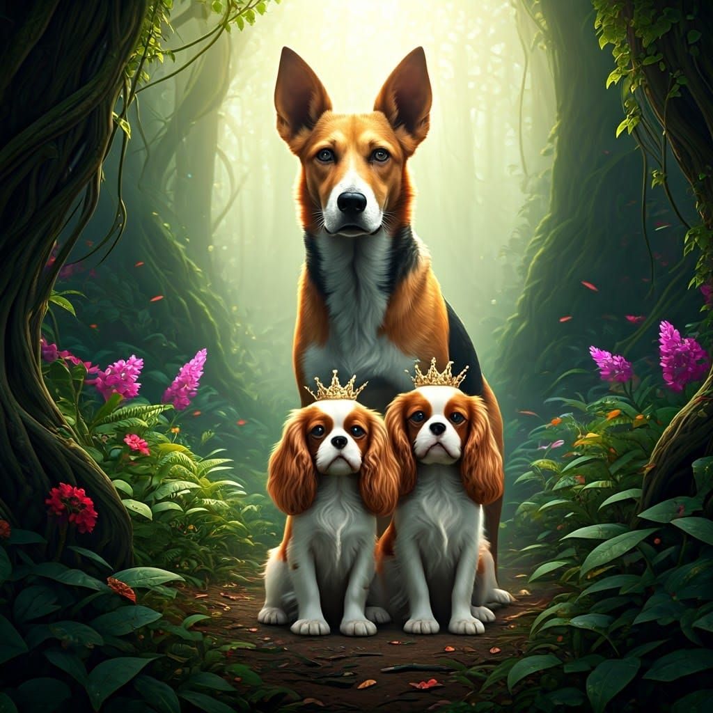 Foxhound and Cavalier King Charles Spaniels in Forest