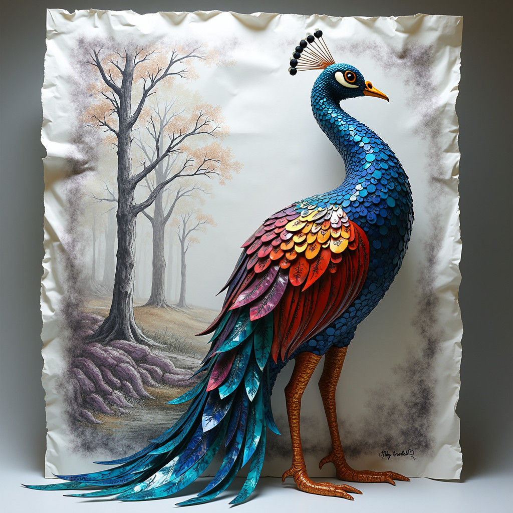 A detailed 3d peacock made  out of colored glass pieces is standing in front of a white paper on which ...  by @Rukenstein