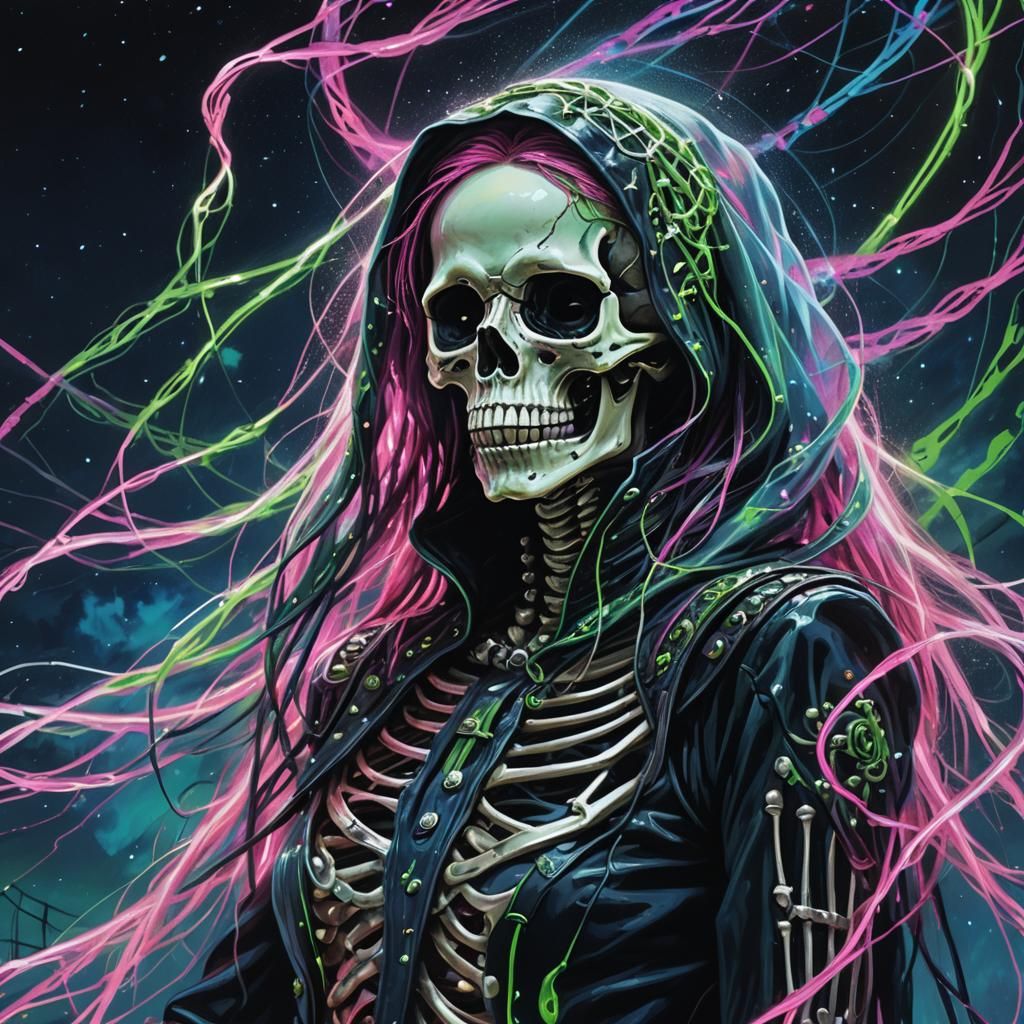 doom rock skeleton wearing leathers with a silver veil tendrils twisting off the veil and flying into the wind.  Starry night