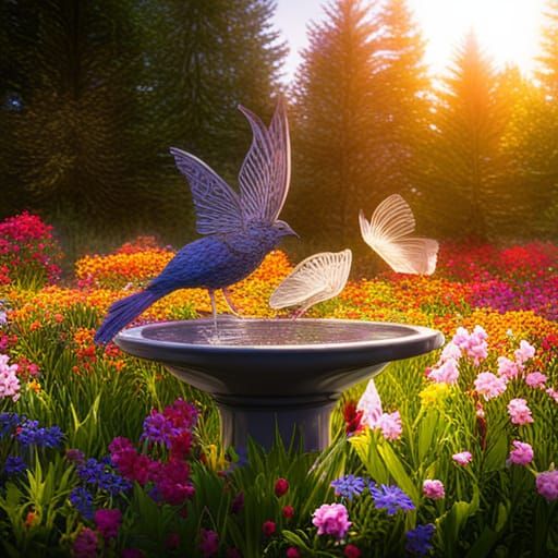 Bird bath. Cardinals. Butterfly. Wild flowers. AI Generated Artwork