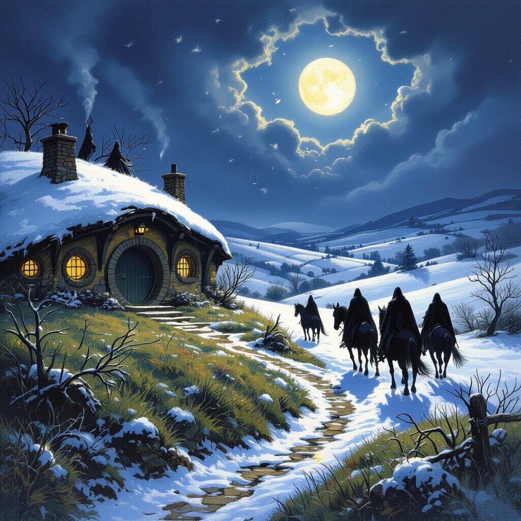 Kodachrome on paper, hobbit home in hills in winter ,with Nazgûl on black horses approching