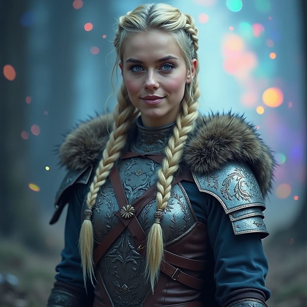 A regal Nordic warrior princess stands tall, her confident p...