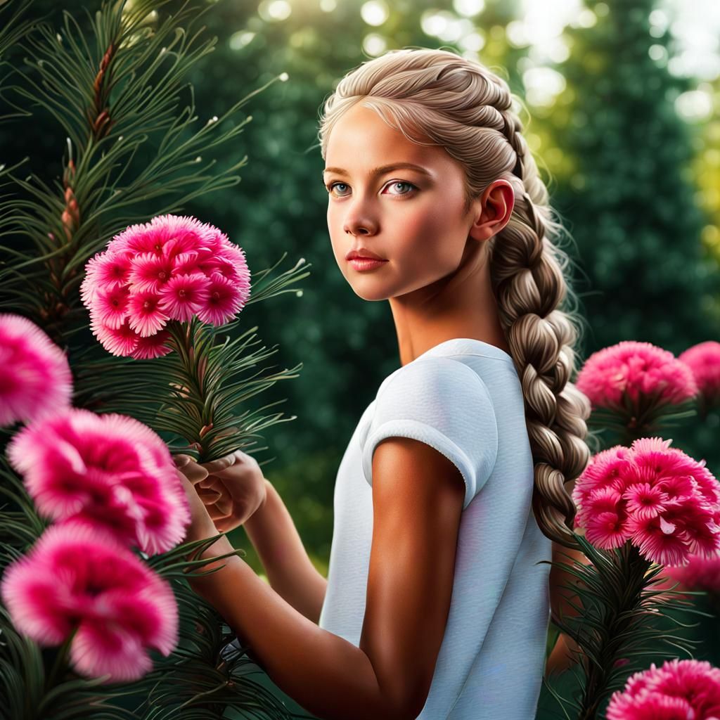 Girl in Flower Garden: Hyperrealistic Image