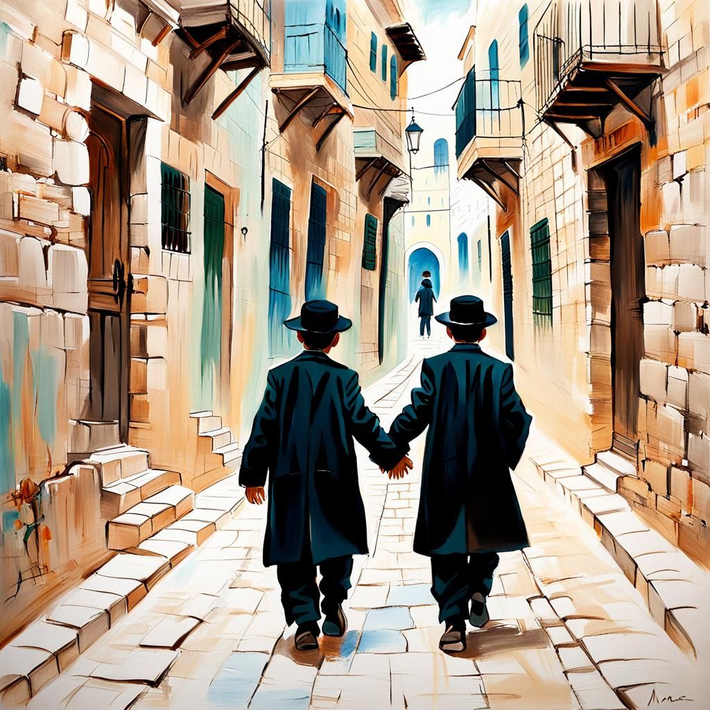 Expressionist Painting of Two Boys in Jerusalem