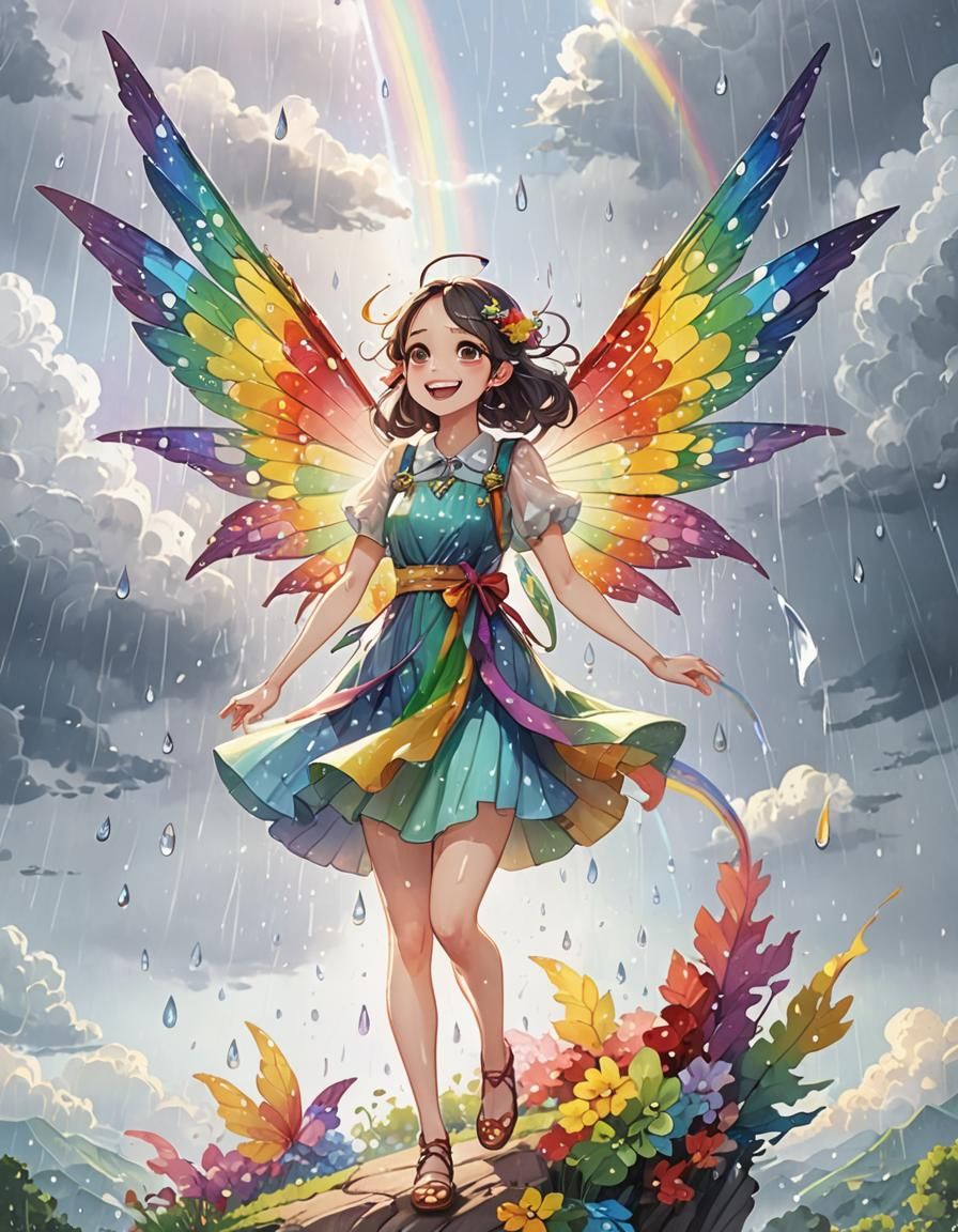 rainbow in background, very light skin, pale skin, anime, ca...