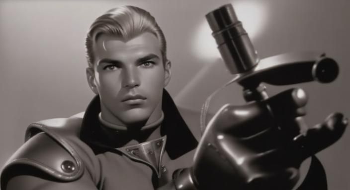 very hand some and muscular, short blonde hair Buster Crabbe...