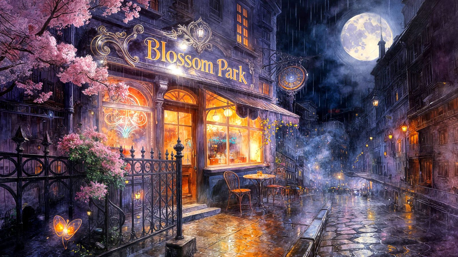 Moonlit rainy night in a vibrant, colorful alley near blossom park in old town, with a charming café, ...  by @Carlos