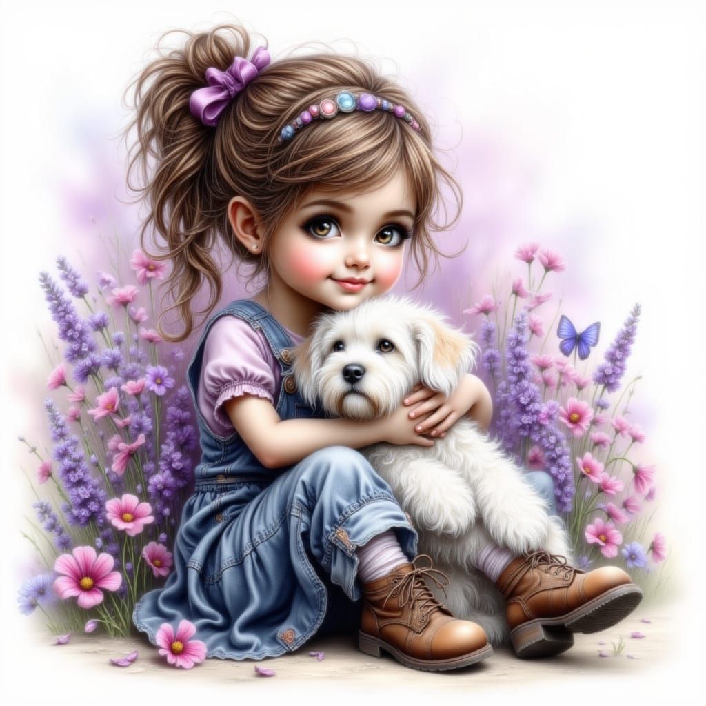 Adorable Girl with Puppy in Dreamlike Purple Light