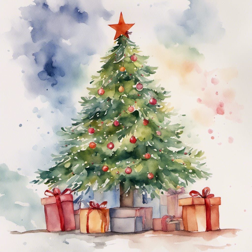 Christmas Tree With Presents Underneath Watercolour - Ai Generated 