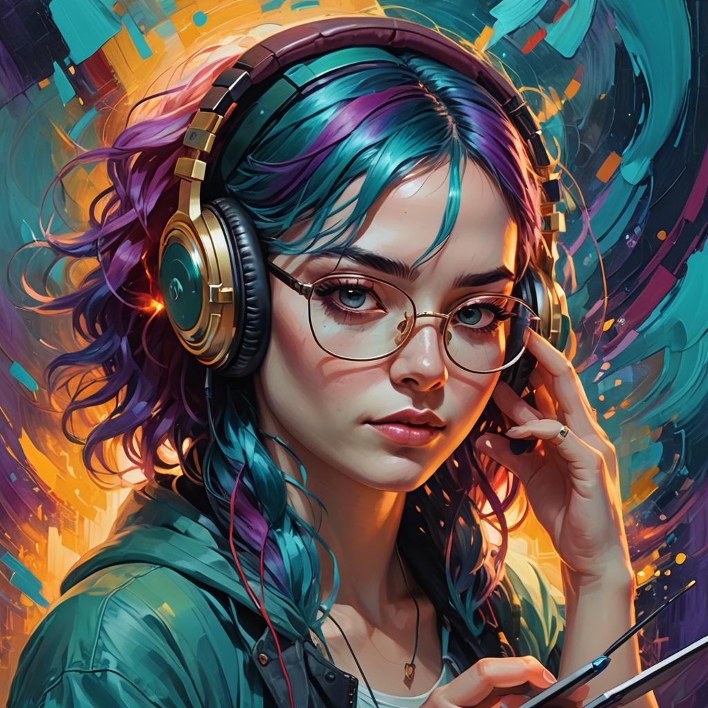 Girl with Teal Hair Painting Self-Portrait