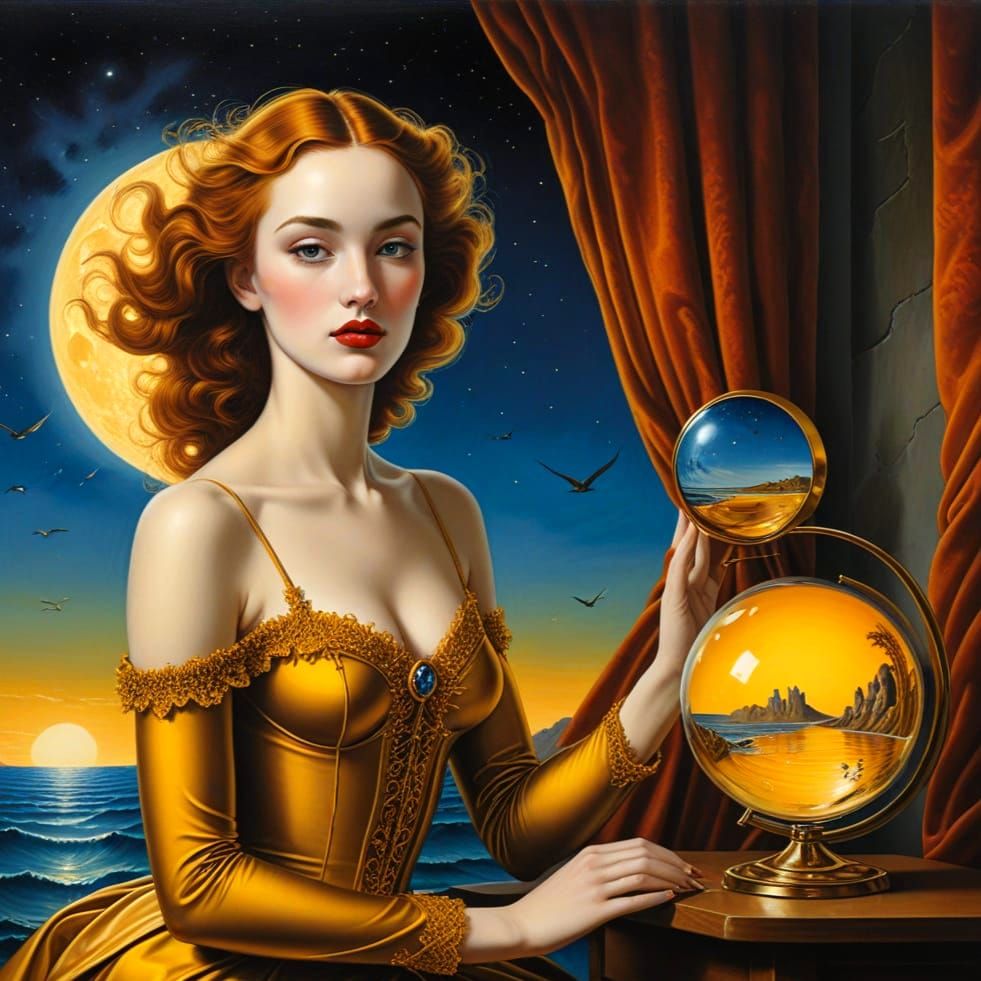 Surreal Golden Moonlit Scene in Glossy Digital Art
