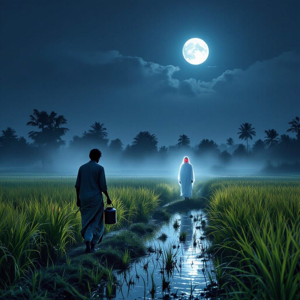 Eerie Moonlight Over Rural Rice Fields: Digital Art