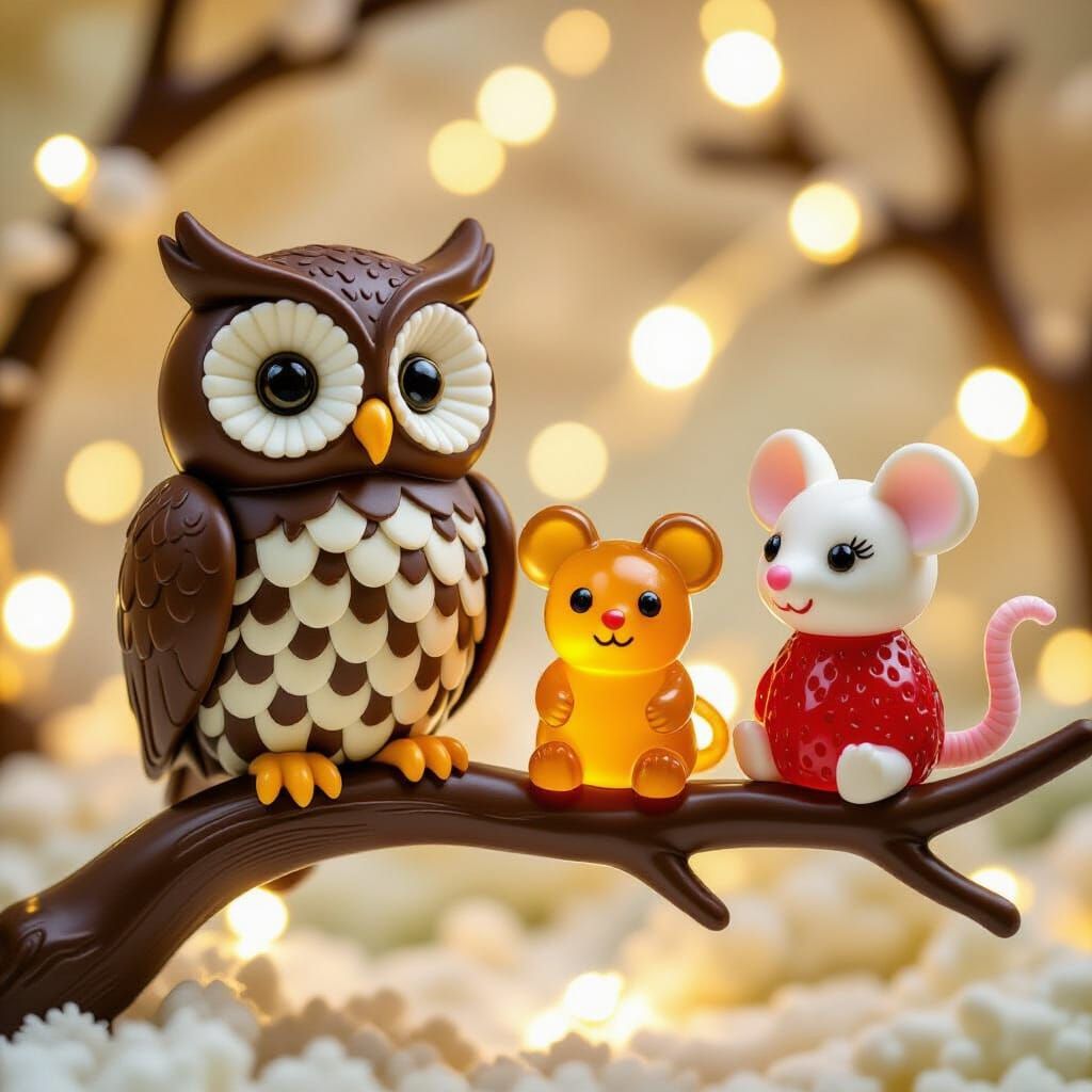 Wise chocolate owl and her friends: gummy mouse and strawberry with ears 🍓🦉🐭
