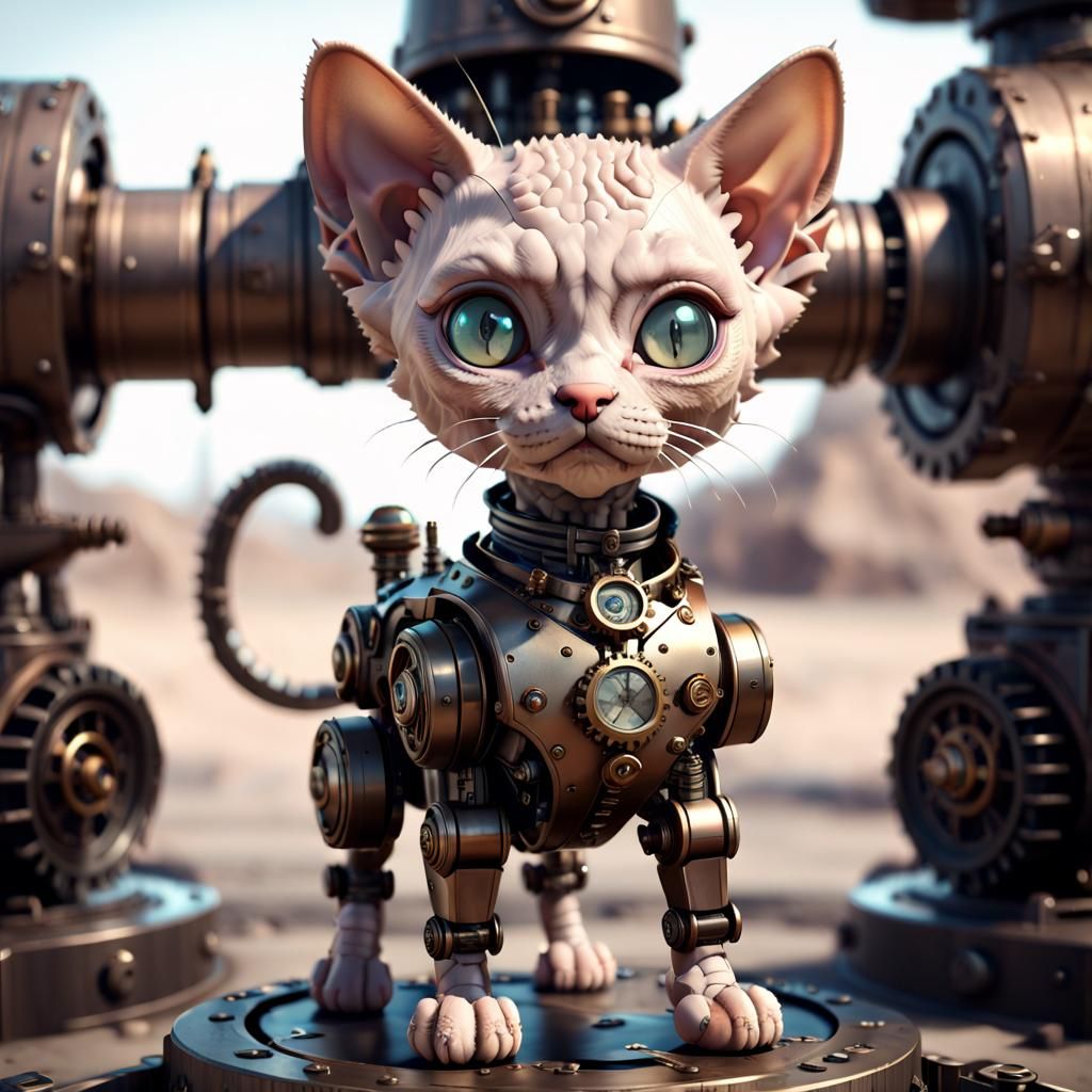 Chibi Devon Rex Cat Mech on guard in steampunk army base - AI Generated ...