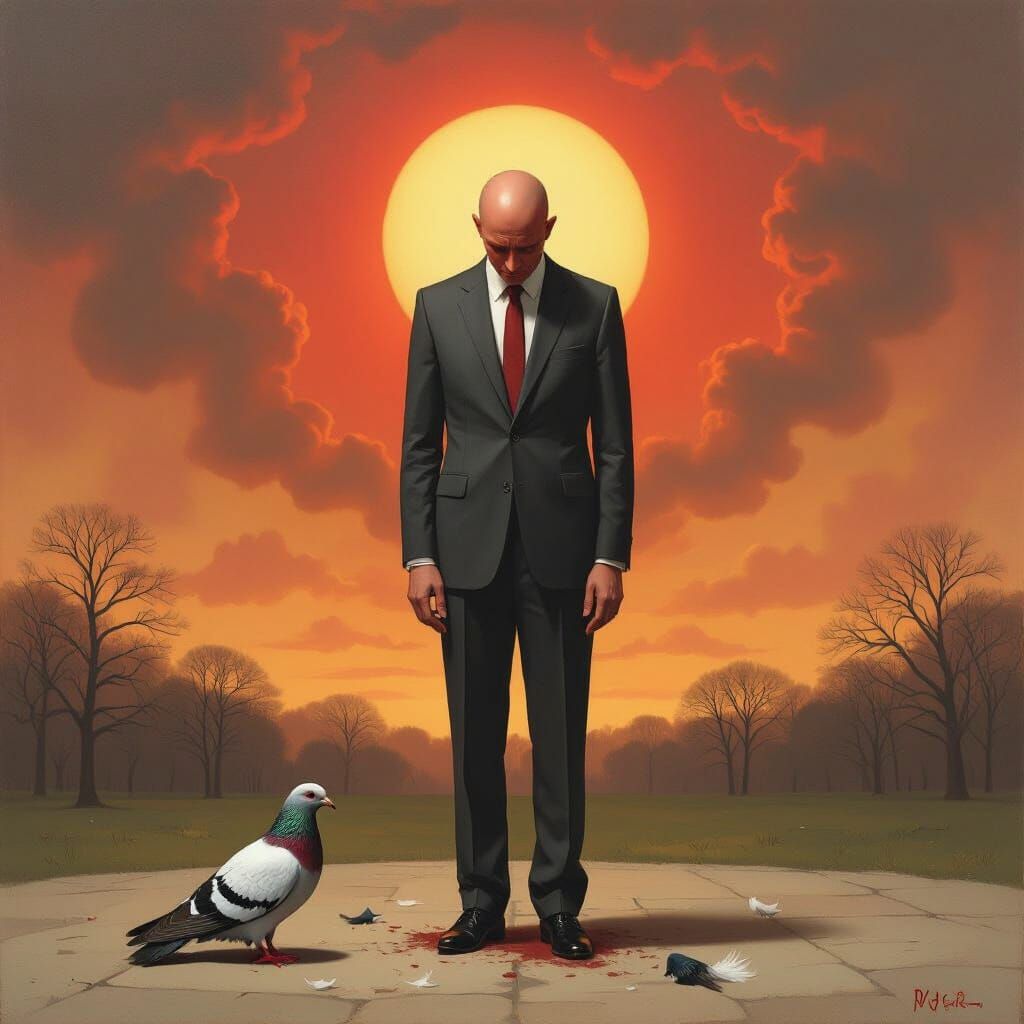 A man in a business suit with a pidgeon head where is head should be stood looking sad. He has pulled out all his feathers and looks like a ...