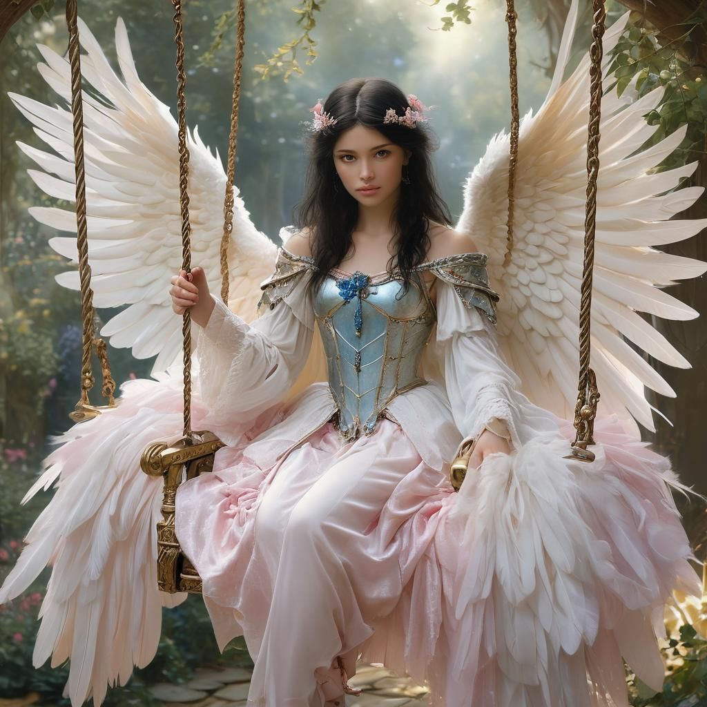 A dreamy whimsical image of a beautiful long black haired angel with blue eyes and large white feathered wings and armour and pink chiffon s...