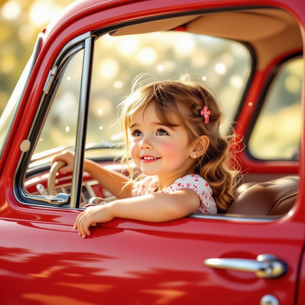Cute Girl in Vintage Red Car, Joyful Expression