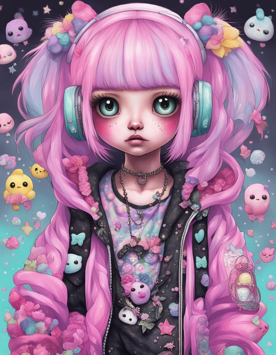 Portrait of a cute sanrio creature in pastel goth clothing, ...